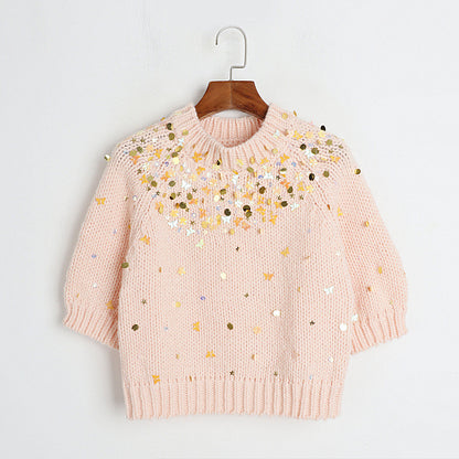 Pink Women Sequ Early Spring Special Interest Design Tide Brand Heavy Industry Sequin Pullover Sweater