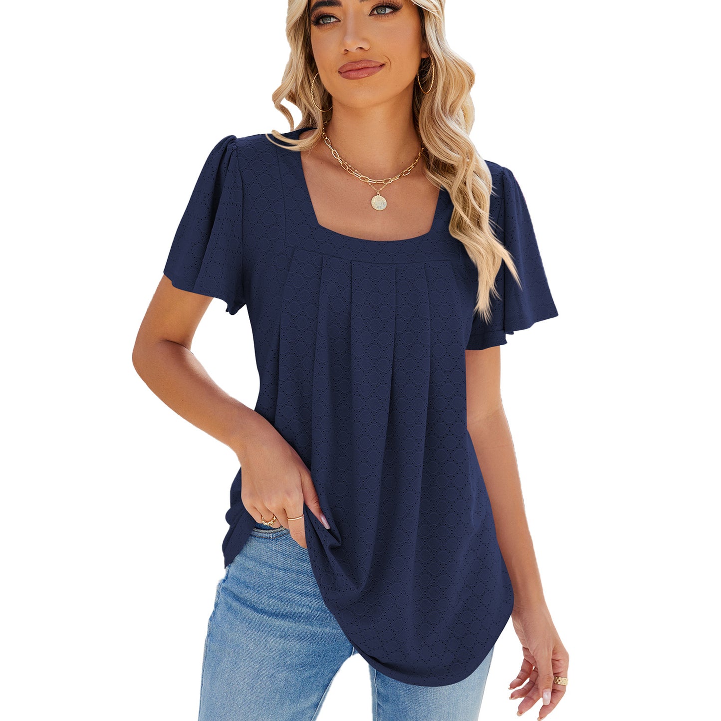 Spring Summer Solid Color Square Collar Pleated Short Sleeves Loose Fitting T shirt Top Women