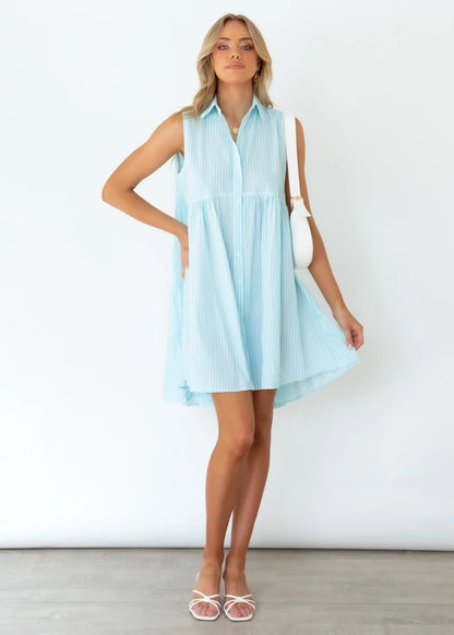 Spring Summer Sexy Sleeveless Striped Collared Loose Shirt Dress Dress