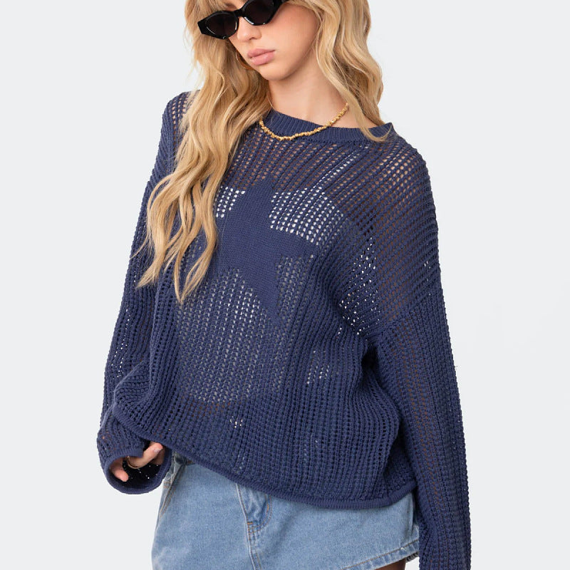 Women Clothing Sexy Hollow Out Cutout Out Knitted Blouse Niche Loose Pullover Women