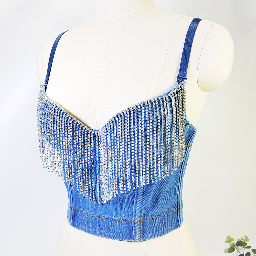 Sexy Denim-Tube-Top mit Brustpolster, kurzes ärmelloses, figurformendes Top mit Strass-Quasten und Korsett mit Stäbchen