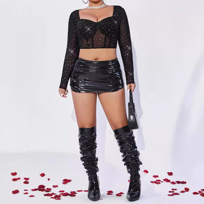 Sexy See Through Dress Nightclub Steel Ring Boning Corset Mesh Sequined Square Collar Sexy Long Sleeve Top