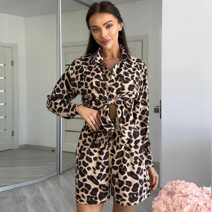 Summer Women Leopard Print Long Sleeve Cardigan Shirt Women Shorts Women Two Piece Set