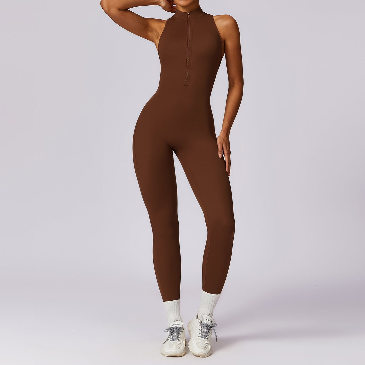 Nude Feel Quick Drying Zipper Beauty Back Yoga Jumpsuit High Strength Fitness Training Sports Tights