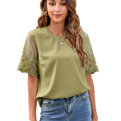 Ropa de mujer Camisa de encaje con cuello redondo Blusa de gasa Top de mujer