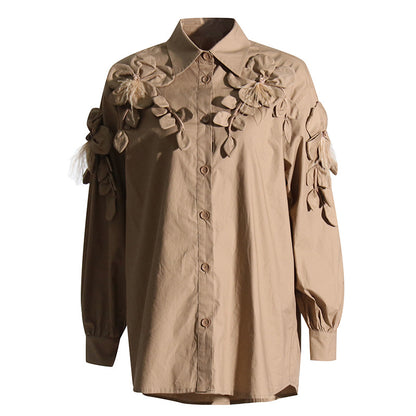 Frühlings-Polokragen, einfarbig, dreidimensionales Blumenmuster, lockeres, lässiges High-Sense-Ärmelschoner-Shirt für Damen