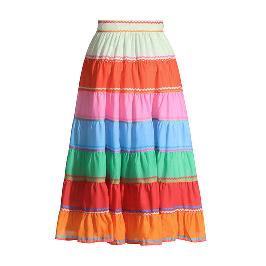 Vacation Rainbow Striped Skirt Autumn High Waist Stitching Colorful Loose Slimming Midi Skirt for Women