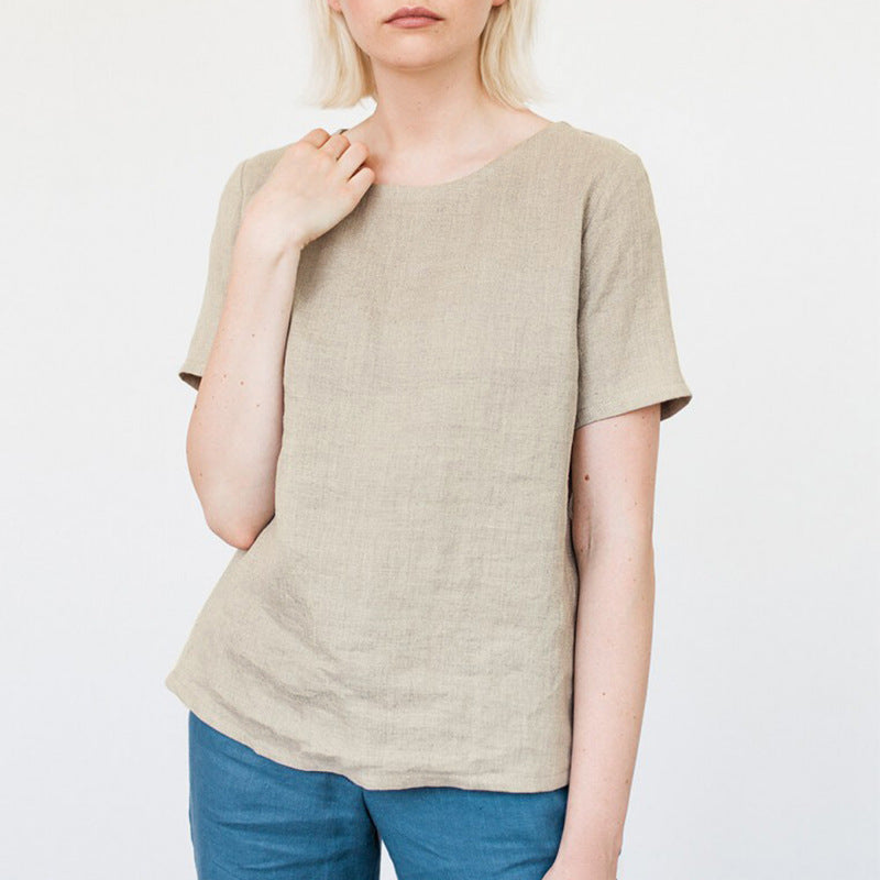 Summer Pure Linen Short Sleeved T shirt Simple Multi Color h round Neck Casual Bottoming Top Women