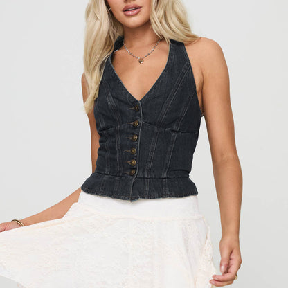 Neckholder-Jeansweste, sexy, mit Schnürung, Seilknopf, V-Ausschnitt, elegantes Top