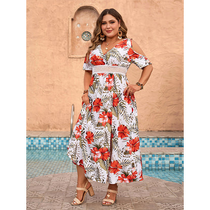 Ropa de mujer Popular de talla grande, vestido estampado con hombros descubiertos, vestido de playa con cuello en V, manga corta, mono holgado con vuelo grande