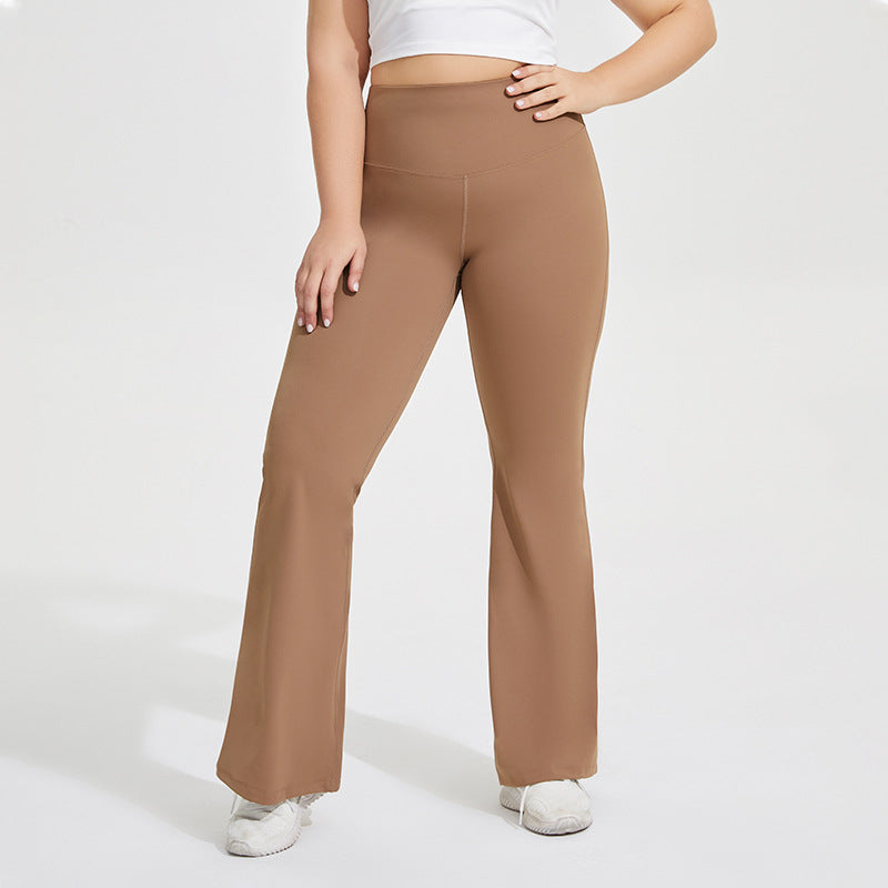 Plus Size Nude Feel Stretch Sports Yoga Bell Bottom Pants Women Peach Hip Raise Fitness Contrast Color Trousers