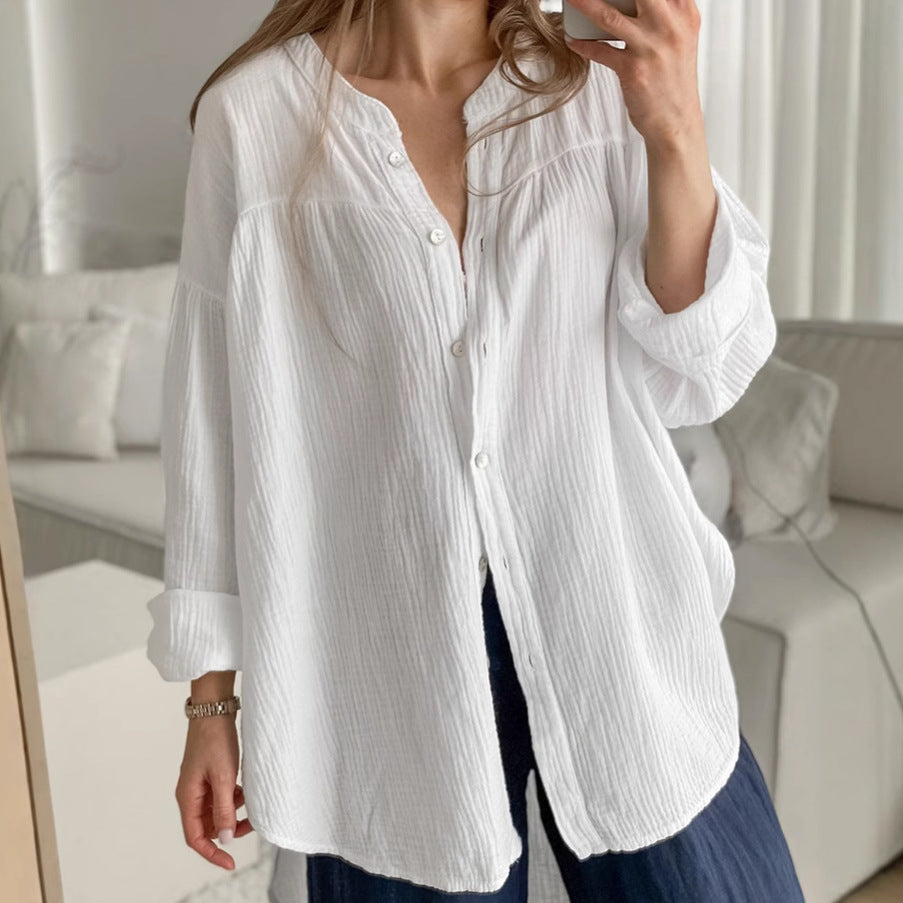 Weißes Baumwoll-Bubble-Crêpe-Shirt mit kleinem Stehkragen und Krawatte, langärmelig, Damen-Top