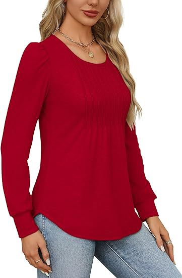 Damen Kleidung Puffärmel Taille Plissee Rundhals Langarm T-Shirt Top