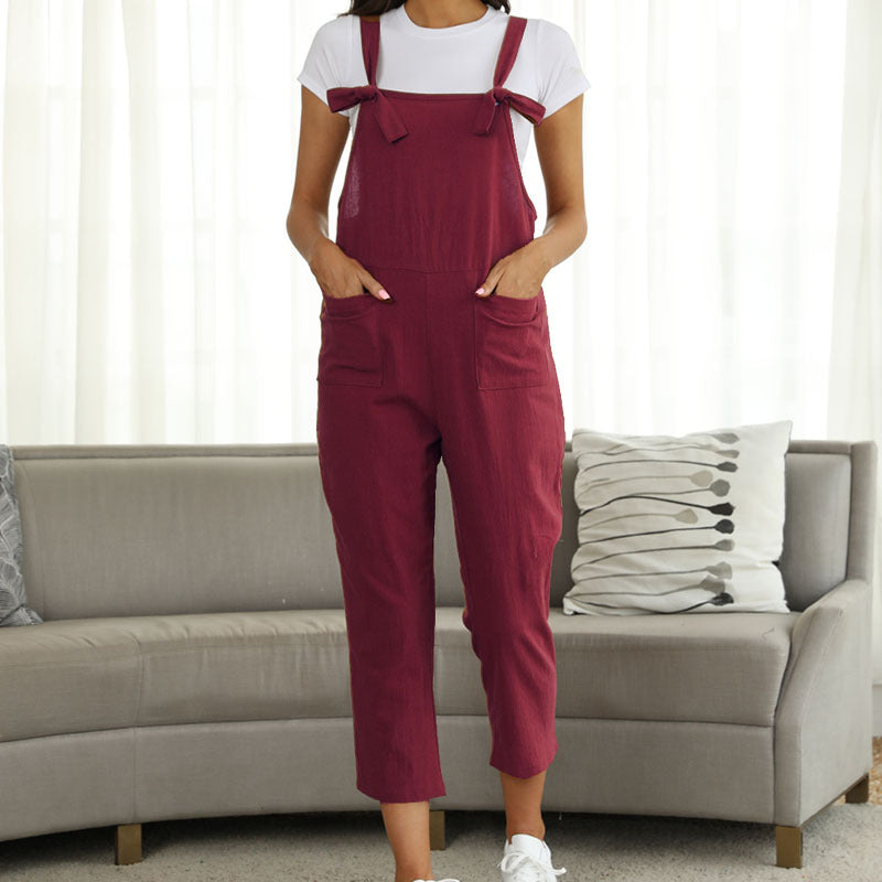 Spring Summer Women Clothing Artistic Cotton Linen Suspender Casual Trousers Jumpsuit