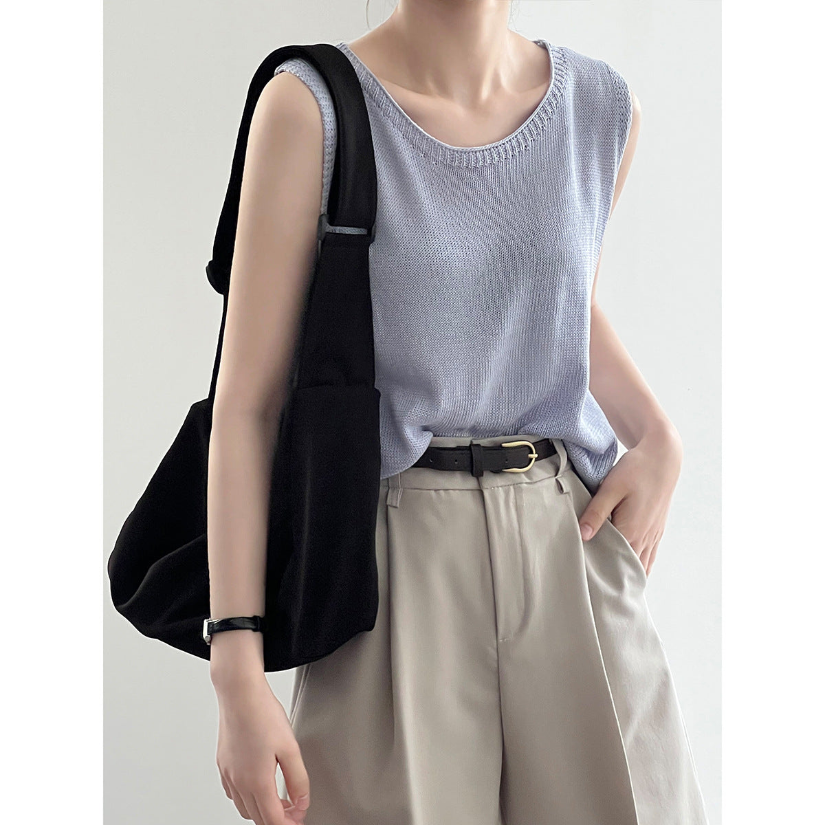 Simple Solid Color U Collar Knitted Vest Summer Loose Inner Wear Outer Vest