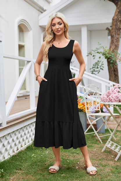 Women Clothing Square Collar Pleated Large Swing Sleeveless Pocket Dress Women