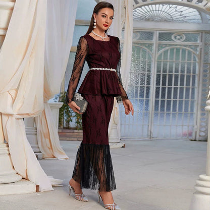 Autumn Winter Women round Neck Stitching Gauzy Package Hip Fishtail Dinner Evening Skirt Set