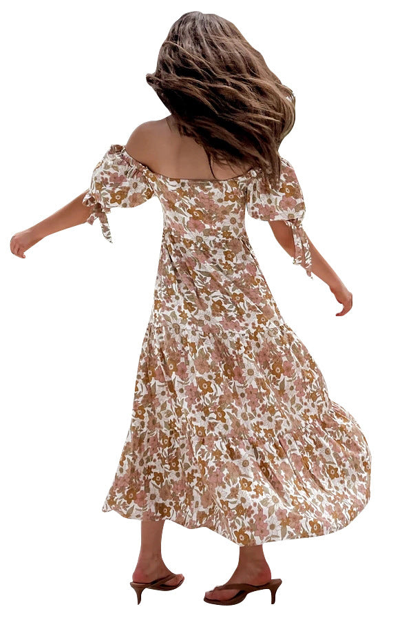 Spring Summer Elegant off-Shoulder Short Sleeve Lace-up Large Maxi Dress for Women