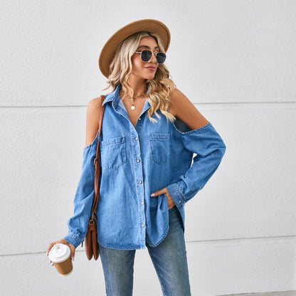 Sexy Casual Washed off the Shoulder Hollow Out Cutout Denim Long Sleeve Shirt Top Women