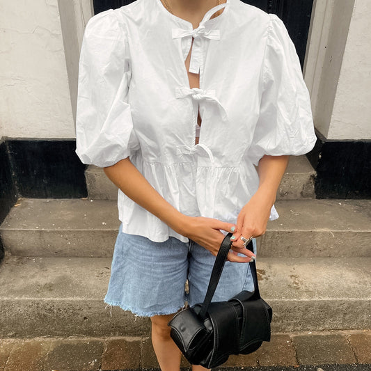 Camisa informal de verano para mujer, con cuello redondo, mangas abullonadas y cordones en blanco puro francés