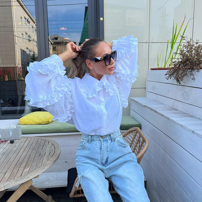 Ropa de mujer a principios de primavera, camisa de manga acampanada para mujer, camisa informal de algodón con cuello de muñeca, camisa blanca