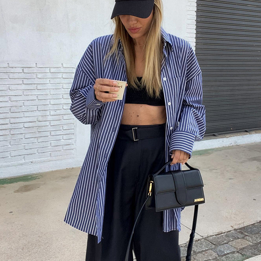 Camisa de manga larga a rayas blancas y Retro Azul de calle para mujer, cárdigan holgado de algodón con estilo para otoño