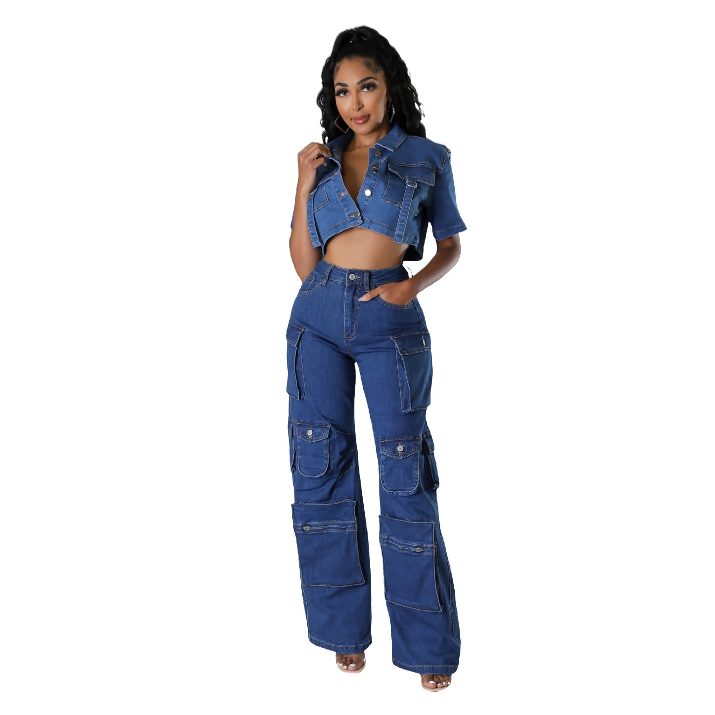 Multi Bag Bellows Pocket Jeans Wide Leg Pants Retro Casual Pants Overalls