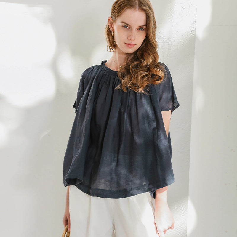 T shirt Top Niche Wooden Ear Collar Summer Slightly Transparent Loose Batwing Sleeve Blouse