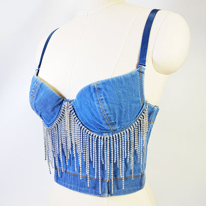 Triangle Cup Boning Korsett Korsett Kurze Sexy Quaste Kette Dekoration Weste Denim Camisole V-Ausschnitt Tube Top