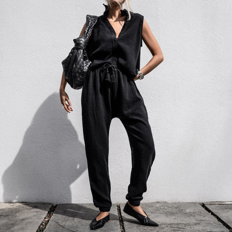 Women Clothing Early Spring Casual Solid Color Sleeveless Shirt High Waist Trousers Suit Women Two Piece Suit