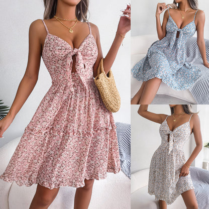 Frühling Sommer Blumen Schleife V-Ausschnitt Rüschen Großes Swing Kleid Urlaub Cami Kleid Frauen Kleidung