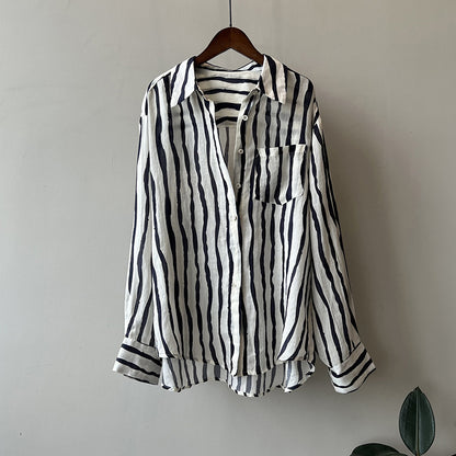 Linen Hong Kong Vertical Striped Long Sleeved Shirt Summer Lightweight Shirt Sun Protection Top