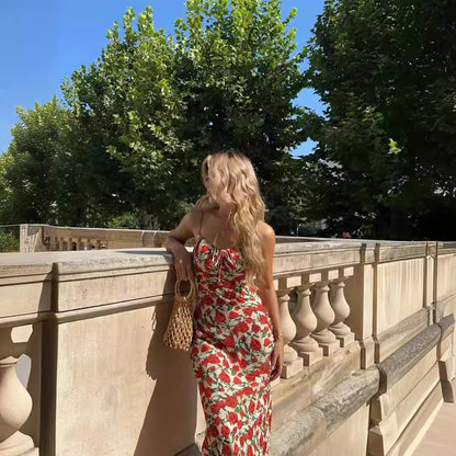 Vestido retro con tirantes florales y rosas, vestido de vacaciones junto al mar francés con cola de pez para mujer