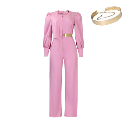 With Belt Women Clothing Spring Long Sleeve Casual Wide Leg Jumpsuit