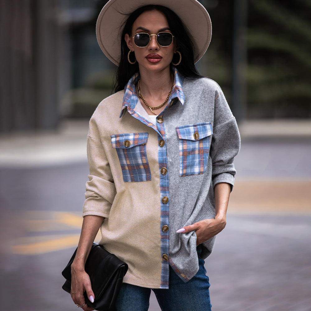 Chaqueta de punto con estampado de gofres para mujer, camisa holgada a cuadros, para otoño e invierno