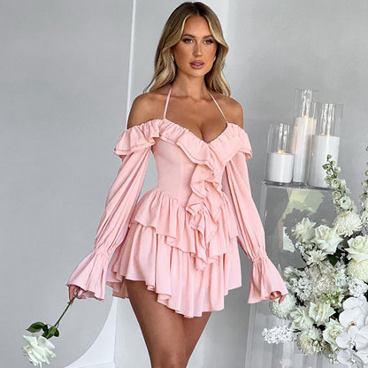 Women Clothing Autumn Sexy Halter Low Cut Ruffled Long Sleeve Romper