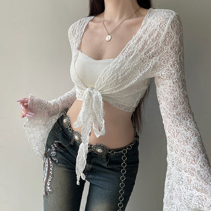 Vacation Solid Color Base Light Hollow Out Cutout Loose Flared Sleeve Cardigan Sexy Lacing Sun Protective Blouse