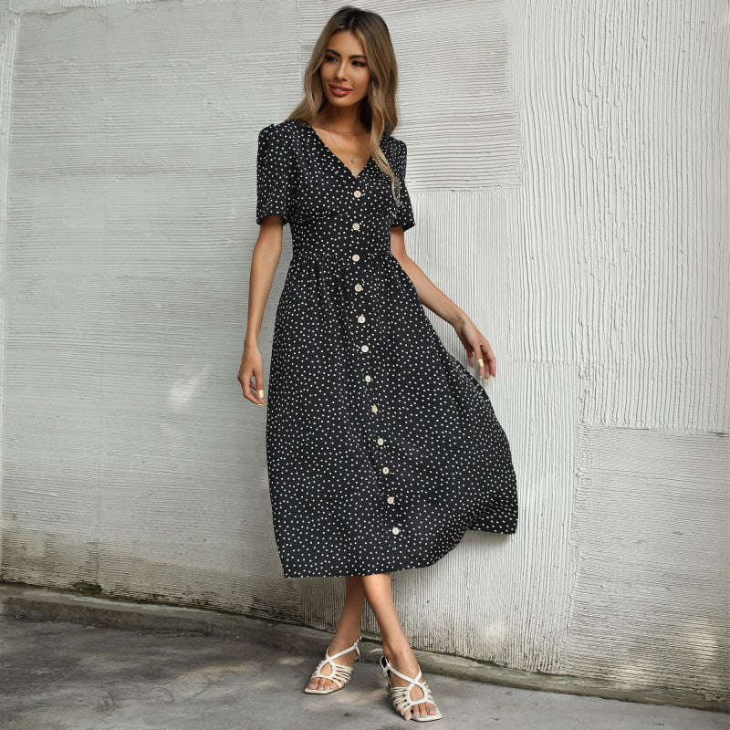 Summer Polka Dot V-neck Short Sleeve Shirt Dress