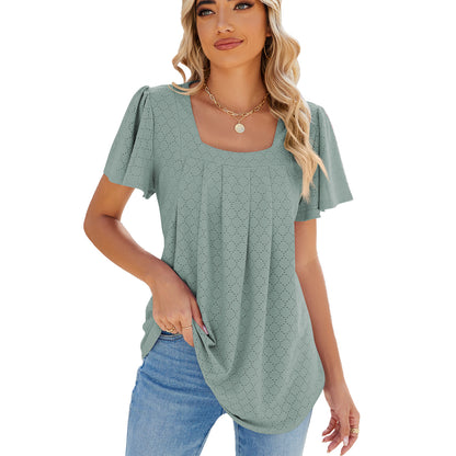 Spring Summer Solid Color Square Collar Pleated Short Sleeves Loose Fitting T shirt Top Women