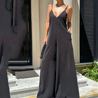 Women Jumpsuits Summer Casual Solid Color Wide Leg Jumpsuit