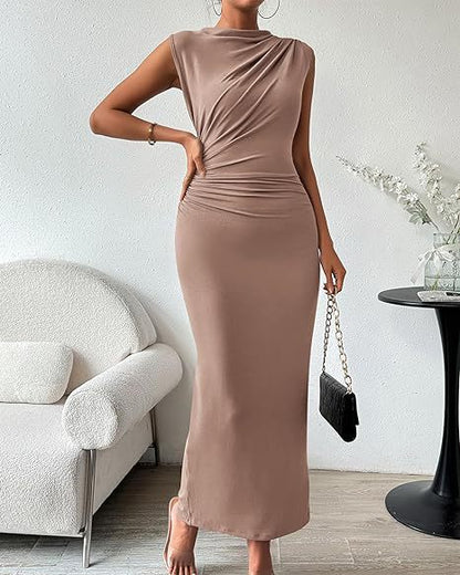 Women Clothing Shein Sleeveless Back Slit Pleated Tight Dress