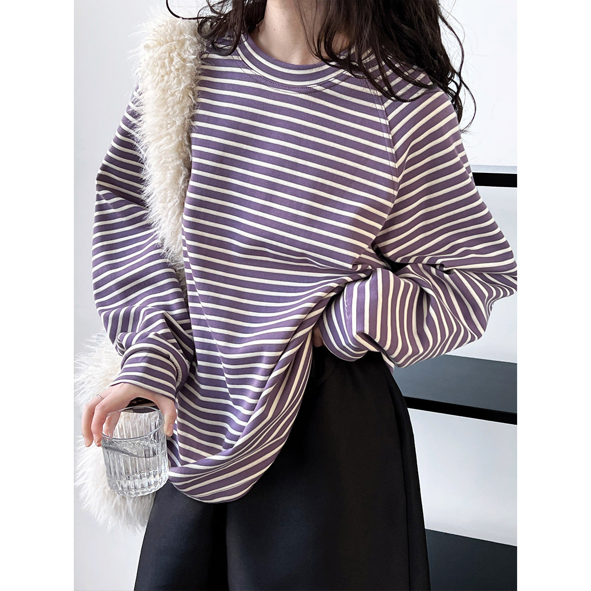 Lazy Pullover Stripe Sweater Women Minimalist Design Loose Retro Raglan Sleeve Top