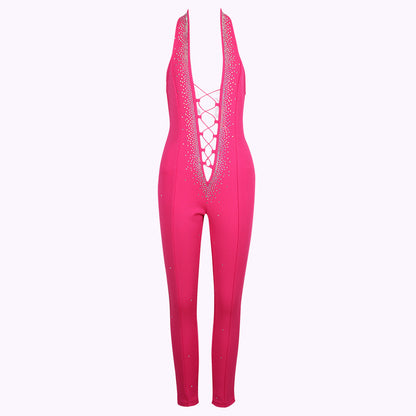 Sexy Sling Hollow Out Cutout High Waist Slim Rhinestone Jumpsuit