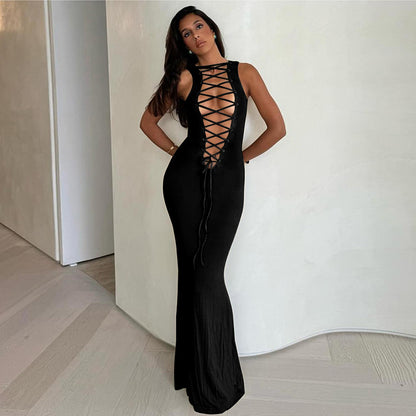 Women Clothing Spring Summer Personalized Sleeveless Lace Up Deep V Plunge Neck Sexy Slim Solid Color Dress