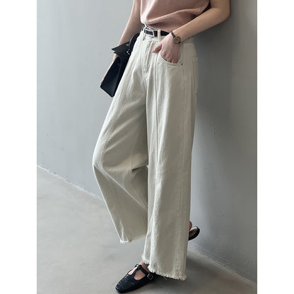 Pantalones vaqueros de pierna ancha con dobladillo crudo de cintura alta coreanos para mujer, pantalones rectos sueltos de verano que incluyen cinturón