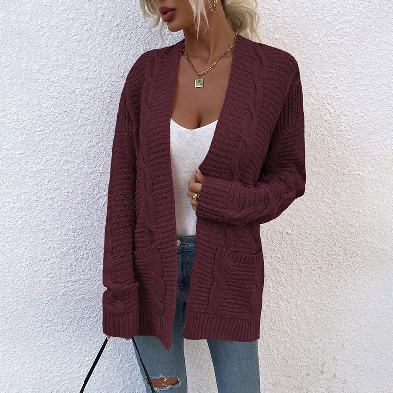 Sweater Women Autumn Winter New Twist Mid-Length Pocket Knitted Cardigan Coat