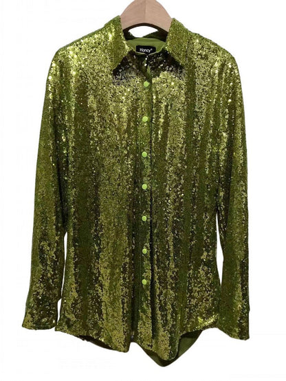 Women Sequin Long Sleeve Loose Mid Length Sequined Shirt