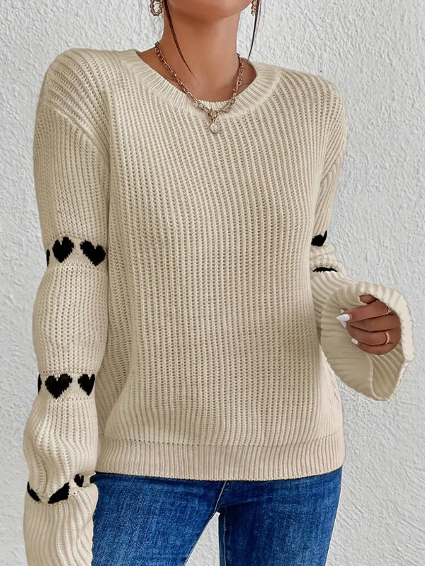 Frauen Pullover Herbst Winter Einfarbig Lose Herz Jacquard Pullover Pullover Rundhals Ausgestellte Ärmel Top