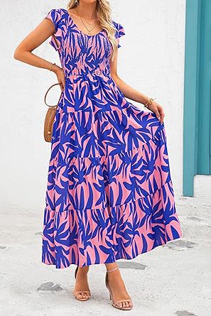 Women Clothing V Neck Backless Pleating Flying Sleeves Printed Dress