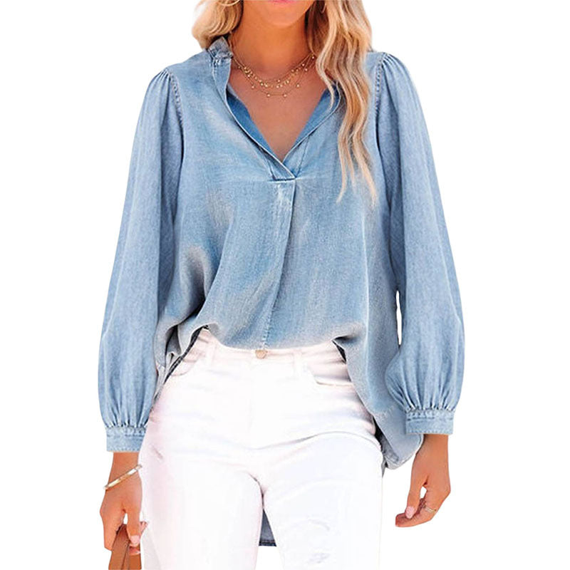 Solid Color Denim Top Women Autumn V Neck Lantern Sleeve Simple Pullover Women